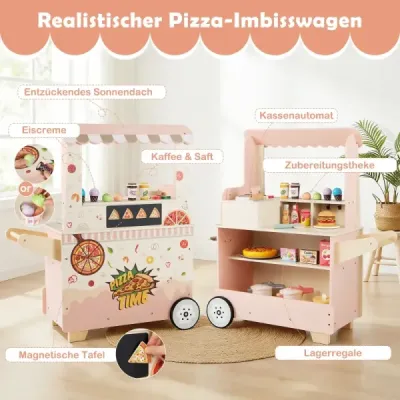 Detská pizza Food Truck Drevený vozík na občerstvenie na hranie rolí s rúrou a magnetickou tabuľou Ružová