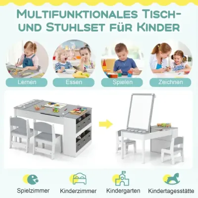 2 v 1 detský umelecký stôl a stojan na maľovanie s 2 stoličkami multifunkčný drevený stôl pre malé deti, sivý