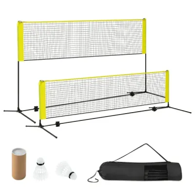 Badmintonová sieť so stojanom Výškovo nastaviteľná sieť na badminton s 2 loptičkami a taškou na prenášanie 310 x 102 x 89–155 cm Žltá