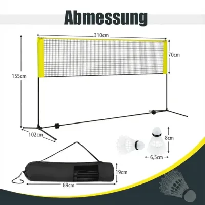 Badmintonová sieť so stojanom Výškovo nastaviteľná sieť na badminton s 2 loptičkami a taškou na prenášanie 310 x 102 x 89–155 cm Žltá