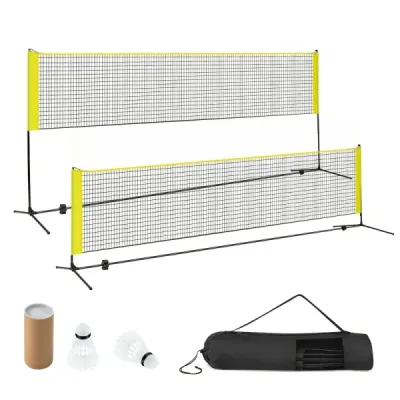Badmintonová sieť so stojanom Výškovo nastaviteľná sieť na badminton s 2 košíčkami a taškou na prenášanie 420 x 102 x 89–155 cm Žltá