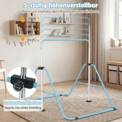 Detská gymnastická hrazda 90–130 cm, výškovo nastaviteľná, skladateľná hrazda, modrá