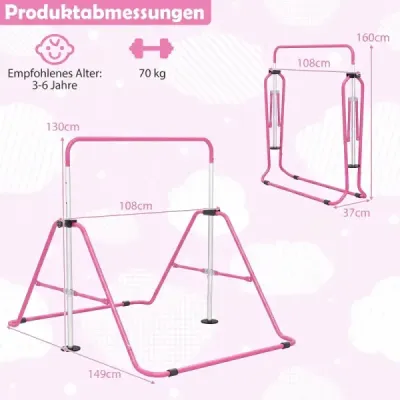 Detská gymnastická hrazda 90–130 cm, výškovo nastaviteľná, skladateľná hrazda, ružová