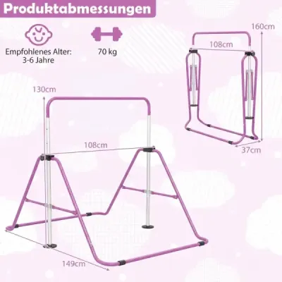 Detská hrazda 90–130 cm, výškovo nastaviteľná, skladateľná hrazda, gymnastická hrazda, fialová