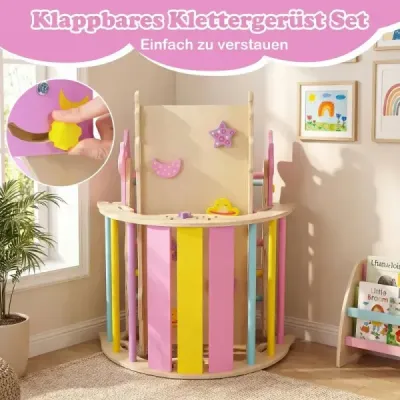 Montessori lezecká sada Drevený lezecký trojuholník s oblúkovou rampou a lezeckou stienkou Skladateľná lezecká sada Príroda + Macaron