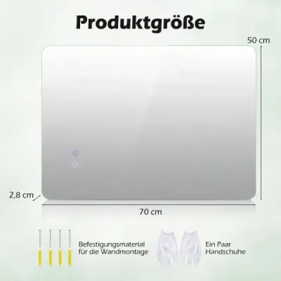 70 x 50 cm Obdĺžnikové zrkadlo s LED osvetlením Nástenné kúpeľňové zrkadlo