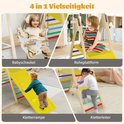 4 v 1 lezecká konštrukcia s detskou hojdačkou, odpočinkovou plošinou, lezeckou rampou a rebríkom Montessori lezecká sada Farebná