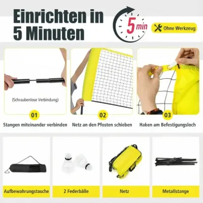 Badmintonová sieť so stojanom Výškovo nastaviteľná sieť na badminton s 2 košíčkami a taškou na prenášanie 420 x 102 x 89–155 cm Žltá