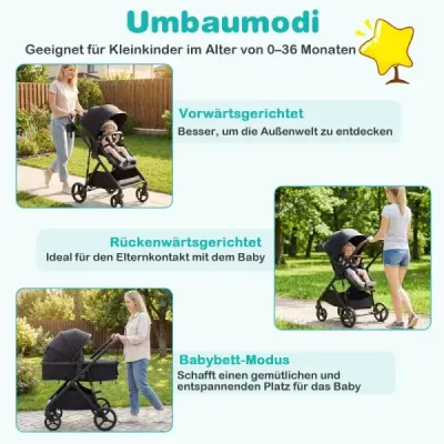 3 v 1 skladací kočík s otočným sedadlom a funkciou ležania Cestovný kočík Kombinovaný kočík Čierny