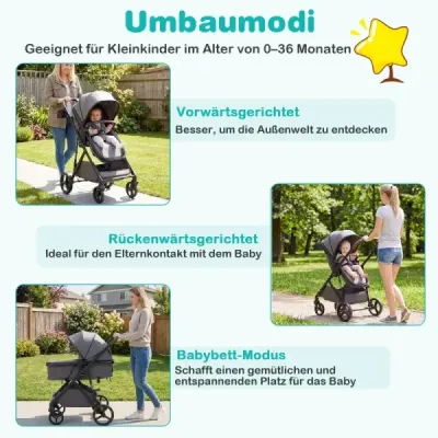 3 v 1 skladací kočík s otočným sedadlom a funkciou ležania Cestovný kočík Kombinovaný kočík Sivý