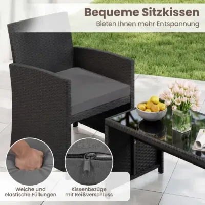 4-dielny ratanový záhradný nábytok Wicker 2-miestna pohovka s tvrdeným skleneným stolíkom Šedá
