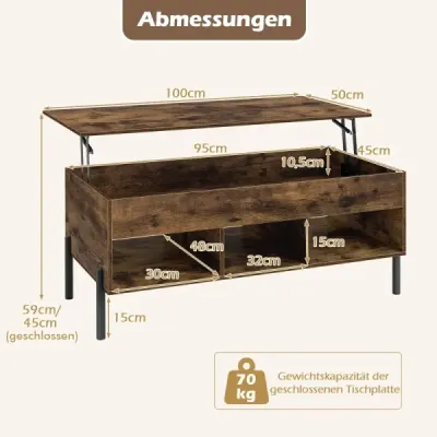 Nastaviteľný konferenčný stolík Konferenčný stolík s odnímateľnou doskou 3 otvorené priehradky Hnedý 100 x 50 x 45/59 cm