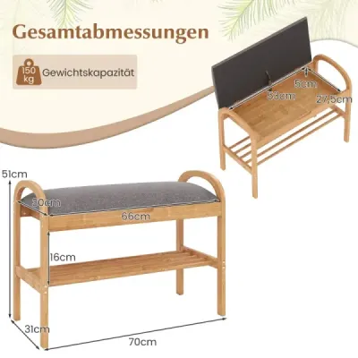 Bambusová lavica na topánky s úložným priestorom 2-stupňový regál na topánky s čalúneným sedadlom 70 x 31,5 x 51 cm sivá