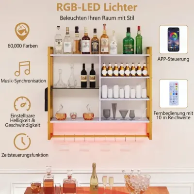 6-poschodová závesná polica s 8 háčikmi v tvare S a bočnou taškou, biela s RGB LED, 107 x 24 x 96 cm