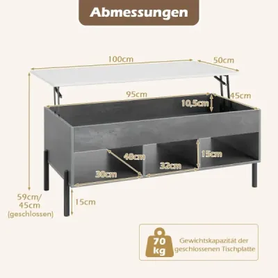 Nastaviteľný konferenčný stolík Konferenčný stolík s odnímateľnou doskou 3 otvorené priehradky Sivá farba 100 x 50 x 45/59 cm