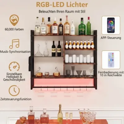 6-poschodová závesná polica Závesná polica s 8 háčikmi v tvare S a bočnou taškou s RGB LED 107 x 24 x 96 cm Rustikálna hnedá