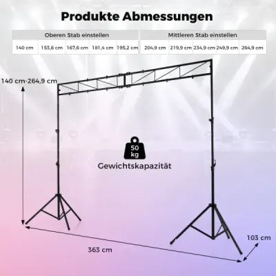 360 cm dlhý svetelný stojan s priečkou, výškovo nastaviteľný DJ svetelný stojan 140–265 cm