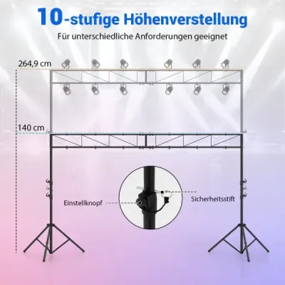 360 cm dlhý svetelný stojan s priečkou, výškovo nastaviteľný DJ svetelný stojan 140–265 cm