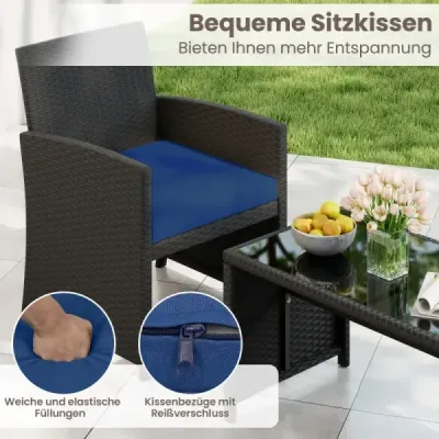 Ratanový záhradný nábytok s 2 stoličkami, lavicou, stolom a vankúšmi Vonkajší nábytok Záhradný nábytok Modrý