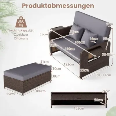 Polyrattanové ležadlo 2-miestne balkónové nábytok a taburetka s úložným priestorom 4-násobne nastaviteľným operadlom Šedá