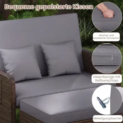 Polyrattanové ležadlo 2-miestne balkónové nábytok a taburetka s úložným priestorom 4-násobne nastaviteľným operadlom Šedá