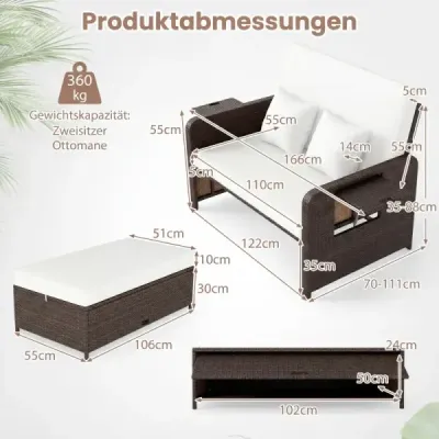 Polyrattanové ležadlo 2-miestne balkónové nábytok a taburetka s úložným priestorom 4-násobne nastaviteľným operadlom Biela