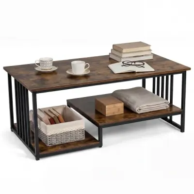 Obdĺžnikový konferenčný stolík s 2 odkladacími plochami a robustnou kovovou konštrukciou Moderný  stolík Rustikálny hnedý