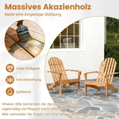 Adirondack stolička Záhradná stolička z akáciového dreva so skloneným sedadlom a vysokým operadlom, prírodná farba