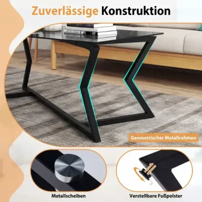 Obdĺžnikový konferenčný stolík s tvrdenou sklenenou doskou a geometrickou kovovou konštrukciou Moderný sklenený stolík