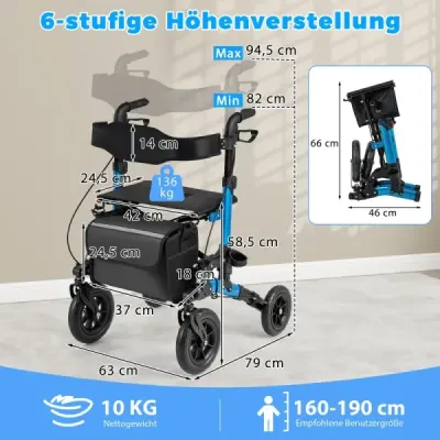 2 v 1 invalidný vozík a cestovný chodítko so sedadlom do 136 kg Skladacie chodítko Hliníkové chodítko Modré