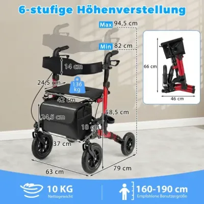 2 v 1 invalidný vozík a cestovný chodítko so sedadlom do 136 kg Skladacie chodítko Hliníkové chodítko Červená