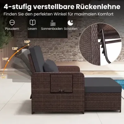 3 v 1 Polyrattan ležadlo s nastaviteľným operadlom a bočnými odkladacími plochami Záhradné ležadlo Čierne