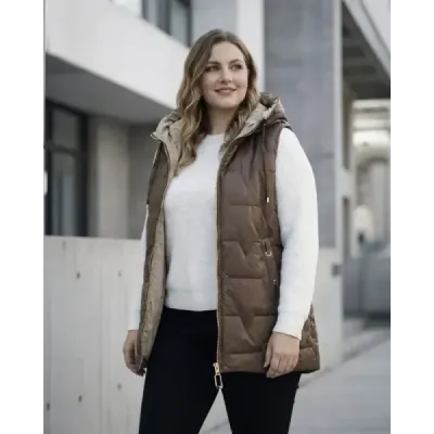 Tenká dámska vesta  s kontrastným lemovaním chocolate MODA8585BIG