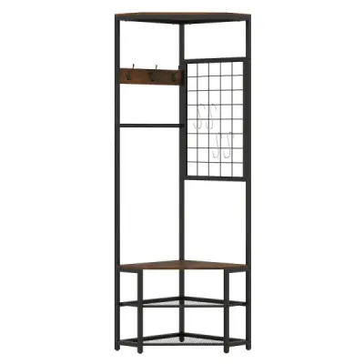 3 v 1 rohová kovová šatníková skriňa, priestorovo úsporná šatníková skriňa s háčikmi, rustikálna hnedá, 49 x 49 x 171 cm