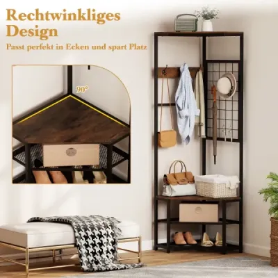 3 v 1 rohová kovová šatníková skriňa, priestorovo úsporná šatníková skriňa s háčikmi, rustikálna hnedá, 49 x 49 x 171 cm