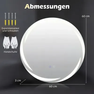 Kúpeľňové zrkadlo Ø60 cm s osvetlením, 3 farebnými svetlami a protizamlžovacím efektom Stmievateľné nástenné zrkadlo