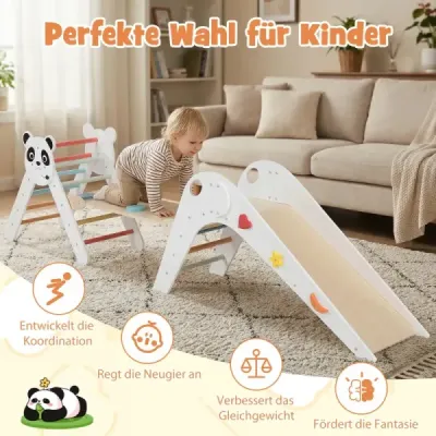 Sada trojuholníkových lezeckých prekážok Skladateľná lezecká sada Montessori z dreva s motívom pandy Biela