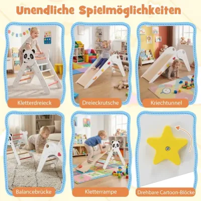 Sada trojuholníkových lezeckých prekážok Skladateľná lezecká sada Montessori z dreva s motívom pandy Biela