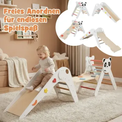 Sada trojuholníkových lezeckých prekážok Skladateľná lezecká sada Montessori z dreva s motívom pandy Biela