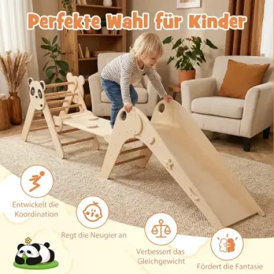 Sada trojuholníkových lezeckých prekážok Skladacie lezecké prekážky Montessori z dreva s motívom pandy, prírodná farba
