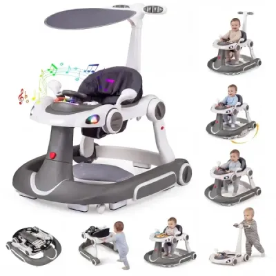 7 v 1 chodítko s trieškou, nastaviteľnou výškou a rýchlosťou, skladacie chodítko, sivé