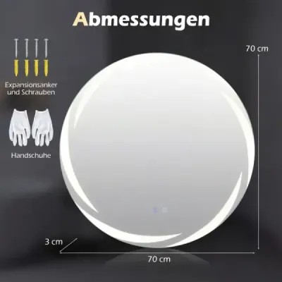 Kúpeľňové zrkadlo Ø70 cm s osvetlením, 3 farebnými svetlami a protizamlžovacím efektom Stmievateľné nástenné zrkadlo