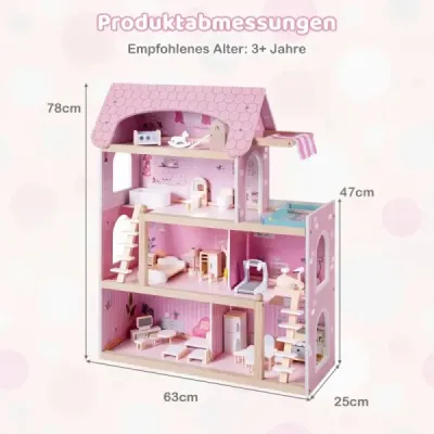 Detský drevený domček pre bábiky s 33 kusmi nábytku DIY domček na hranie s balkónom a bazénom Domček pre bábiky Ružový