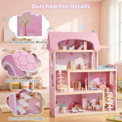 Detský drevený domček pre bábiky s 33 kusmi nábytku DIY domček na hranie s balkónom a bazénom Domček pre bábiky Ružový