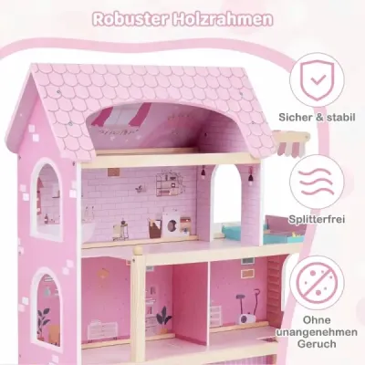 Detský drevený domček pre bábiky s 33 kusmi nábytku DIY domček na hranie s balkónom a bazénom Domček pre bábiky Ružový