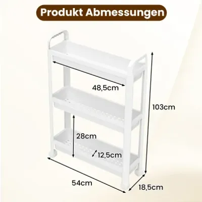 3-policový úzky kuchynský vozík na kolieskach s úchytmi, regál do kúpeľňovej výklenky, biely