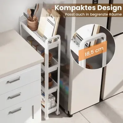 4-policový úzky kuchynský vozík na kolieskach s úchytmi, regál do kúpeľňovej výklenky, biely