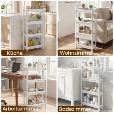 4-policový úzky kuchynský vozík na kolieskach s úchytmi, regál do kúpeľňovej výklenky, biely