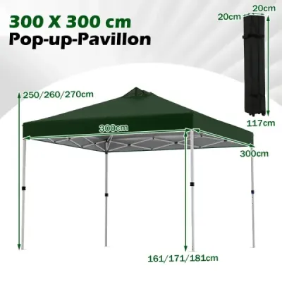 Skladací pavilón 3 x 3 m so 4 vrecami s pieskom, kolíkmi a lanami – skladací pavilón do záhrady, zelený