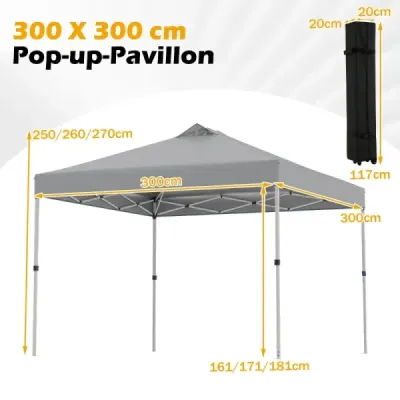 Skladací pavilón 3 x 3 m so 4 vrecami s pieskom, kolíkmi a lanami – záhradný pavilón, sivý